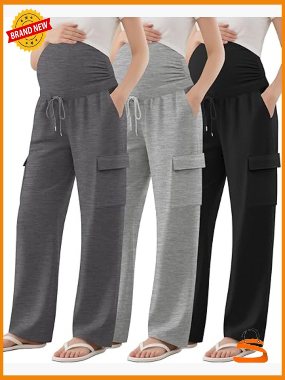 Maternity Cargo Pants 3 Pack Over Belly Drawstring Wide Leg Sweatpants